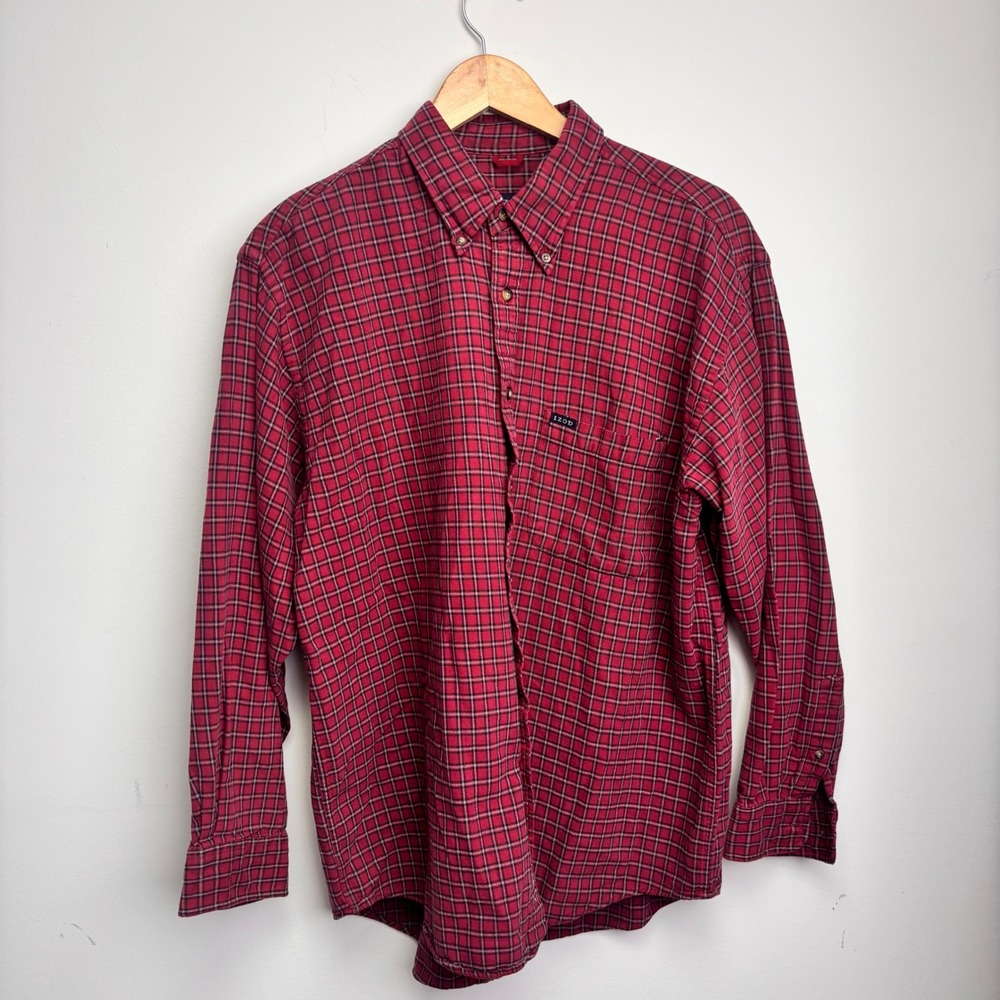 Vintage IZOD Red Plaid Flannel Shirt Large 100% Cotton Button Down Preppy Grunge